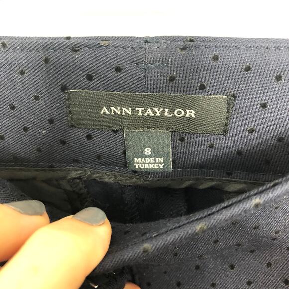 Ann Taylor Trouser  Slacks Navy Blue Velvet Mini Polka Dot Pattern Pants  8 - Picture 3 of 9